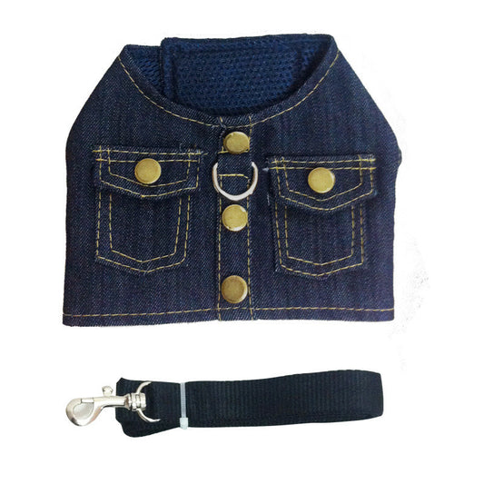 Pet dog's Chest Harness, Denim Jacket, Chest And Back Leash, Go Out And Walk The Dog Supplies