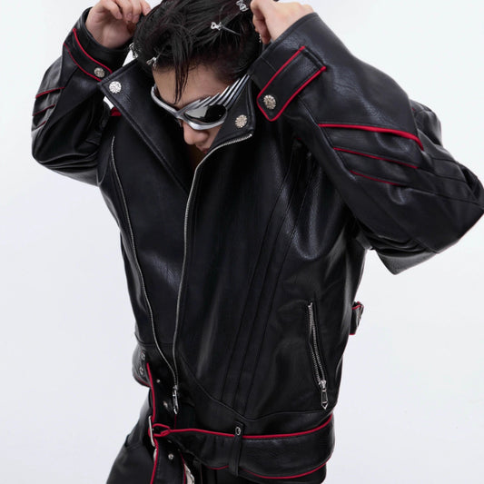 Niche Deconstruction Backbone Pleated Design Sense Short Leather Jacket