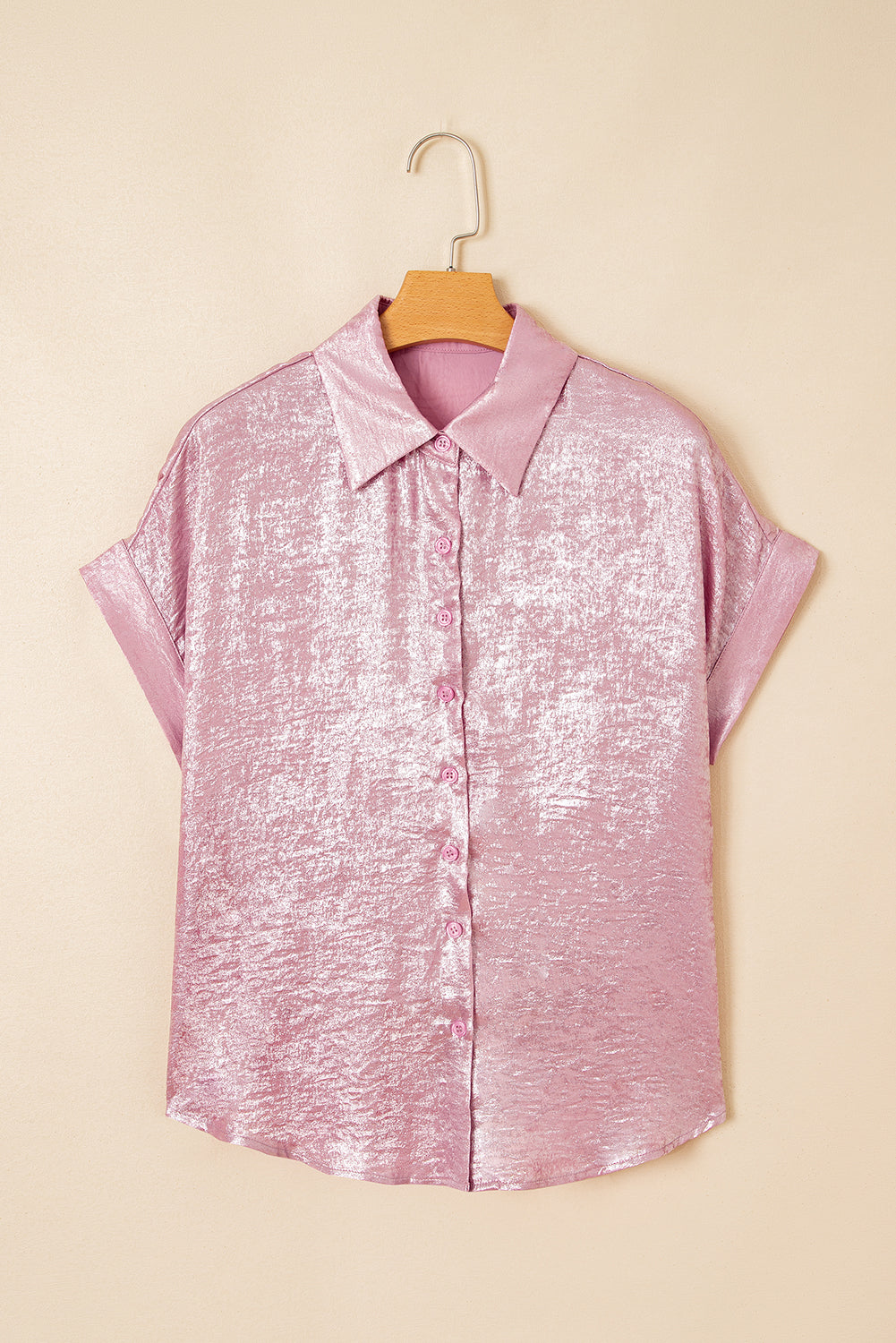 Rose Red Metallic Sheen Short Sleeve Buttoned Front Casual Shirt