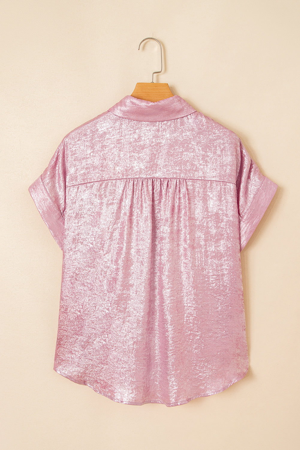 Rose Red Metallic Sheen Short Sleeve Buttoned Front Casual Shirt