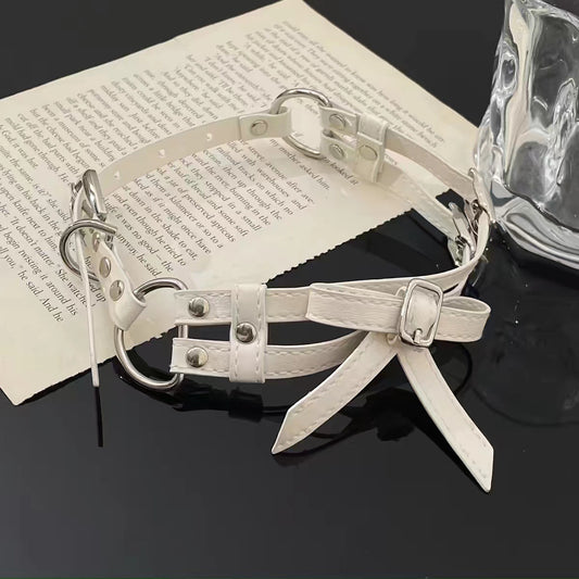 Women's Cool White Bow Leather Necklace