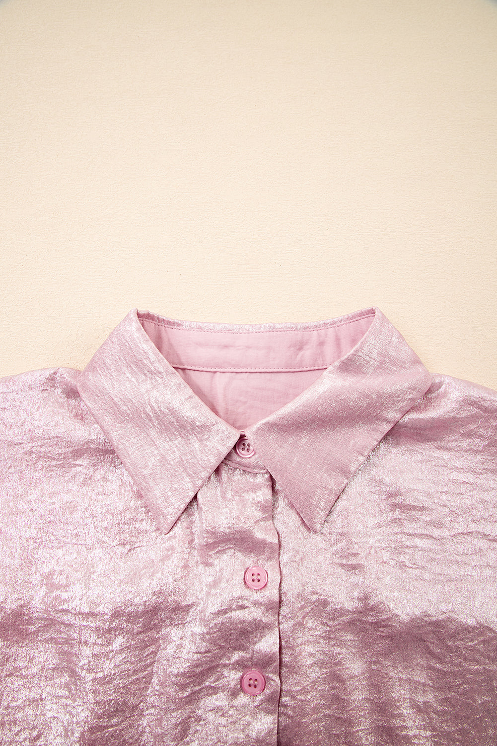 Rose Red Metallic Sheen Short Sleeve Buttoned Front Casual Shirt