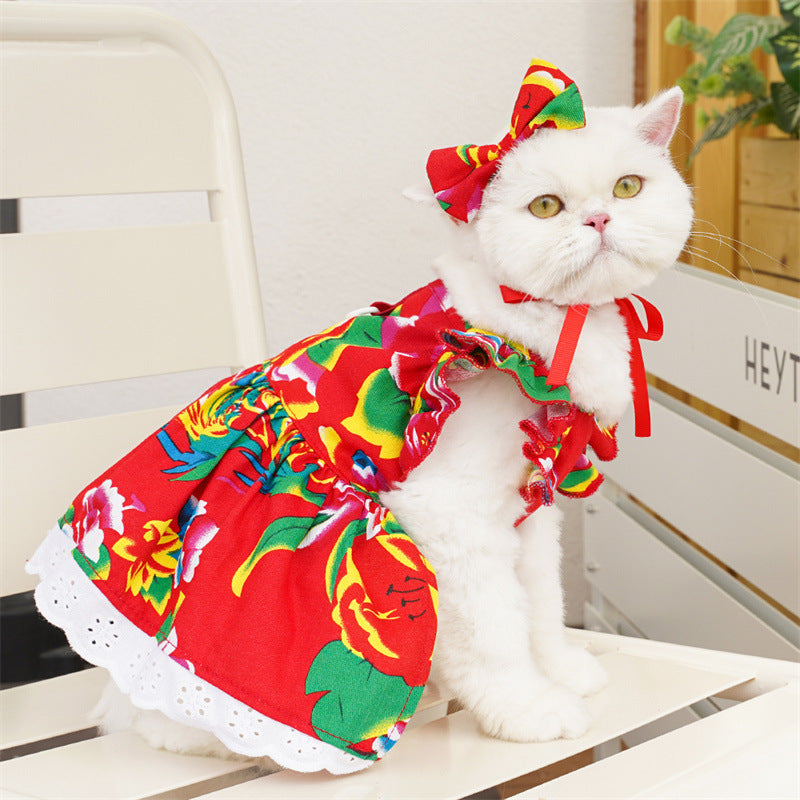 Pet Clothes Flounced Sleeve Three Colors Dress