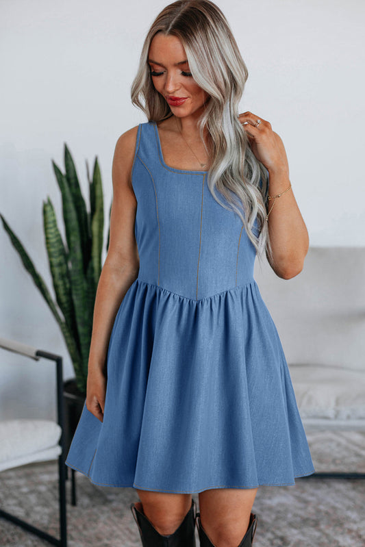 Myosotis Square Neck Pleated Waist V Cut Backless Tied Fit and Flare Dress