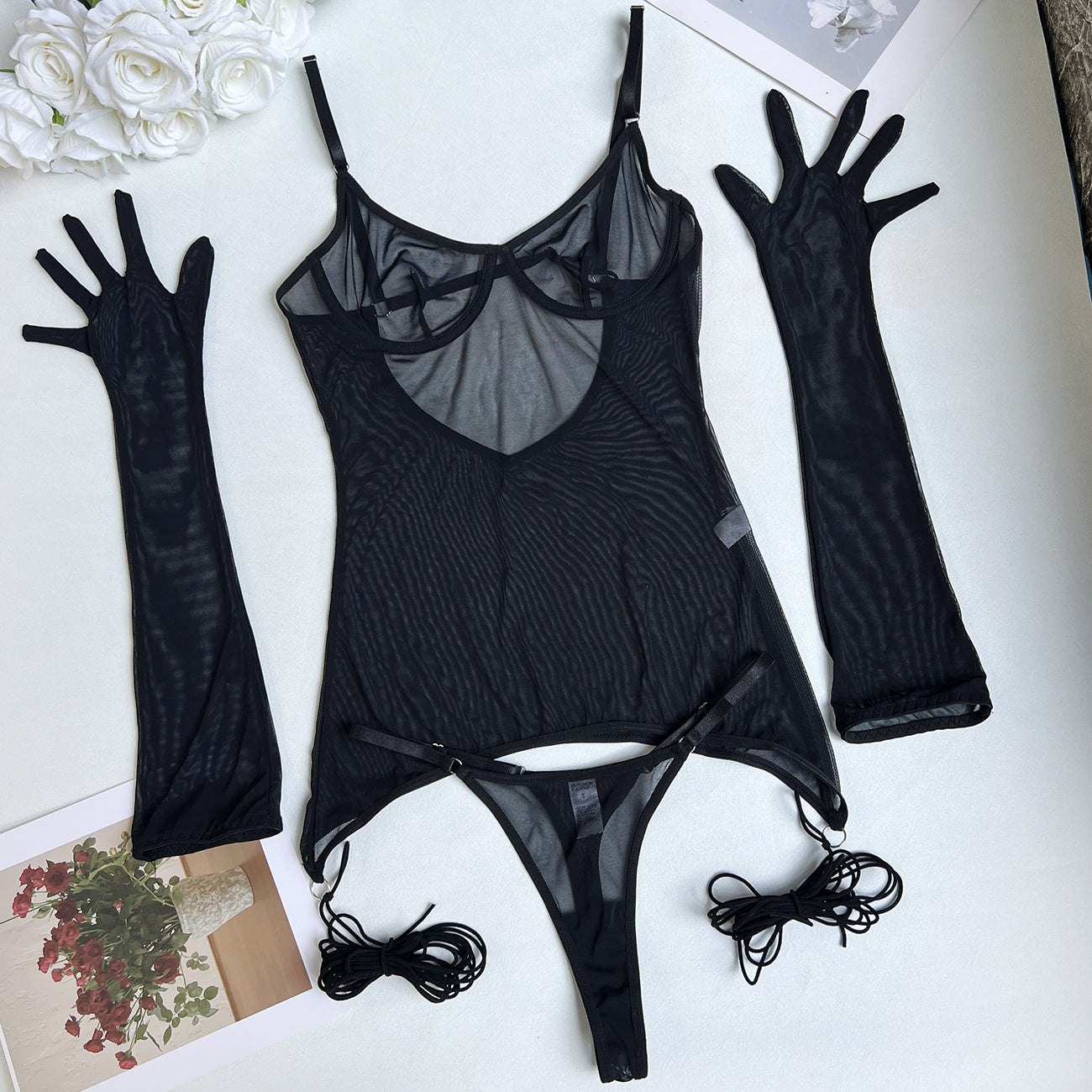 Sexy Seduction Mesh Tied Dress Outer Bra Set