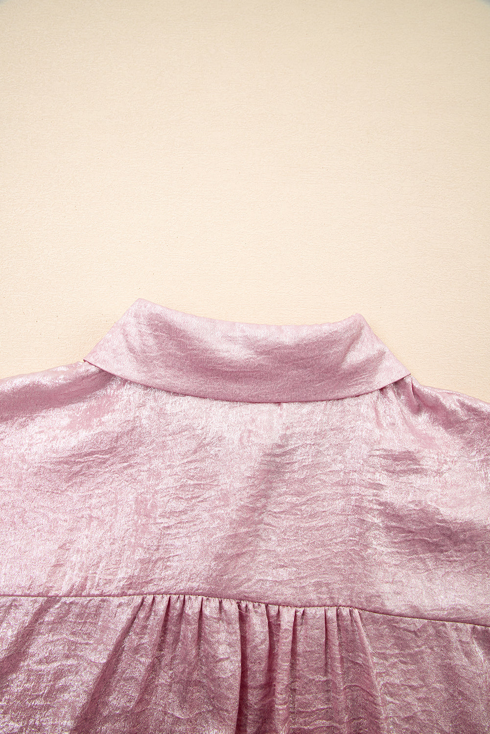 Rose Red Metallic Sheen Short Sleeve Buttoned Front Casual Shirt
