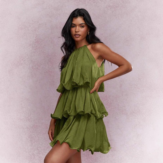Elegant Halter Neck Sleeveless Strapless Sheer Layered Dress - Ruffled Hem Elegant Women's Summer Party Dress Beach Vacation Outfits