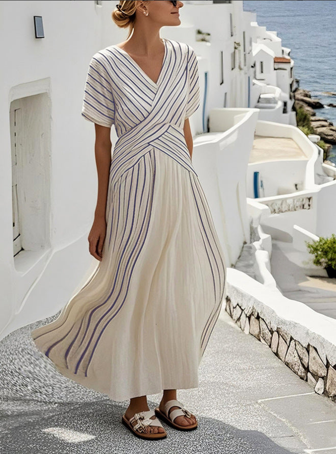 Women's Loose Fit Striped Printing Dress - Casual Cotton Blend Summer Midi Dress For Daily Wear Holiday Outfit