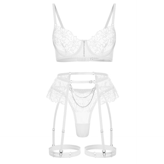 White Metal Chain Flowers Embroidered Underwear Bra Set