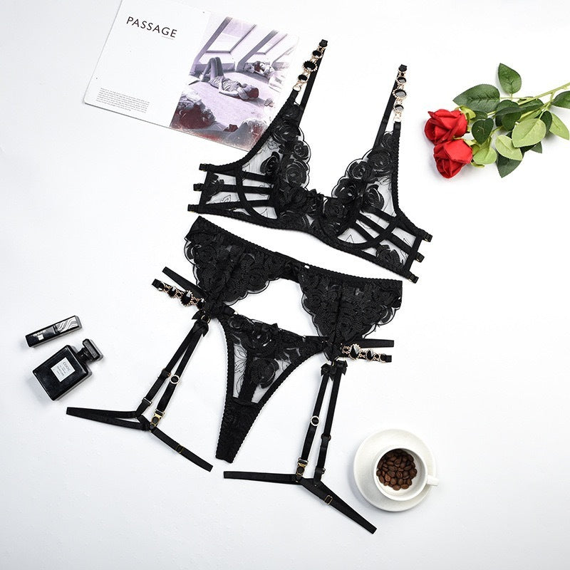 Vintage Jewel Embroidery Bra Sexy Gathering Underwear Set