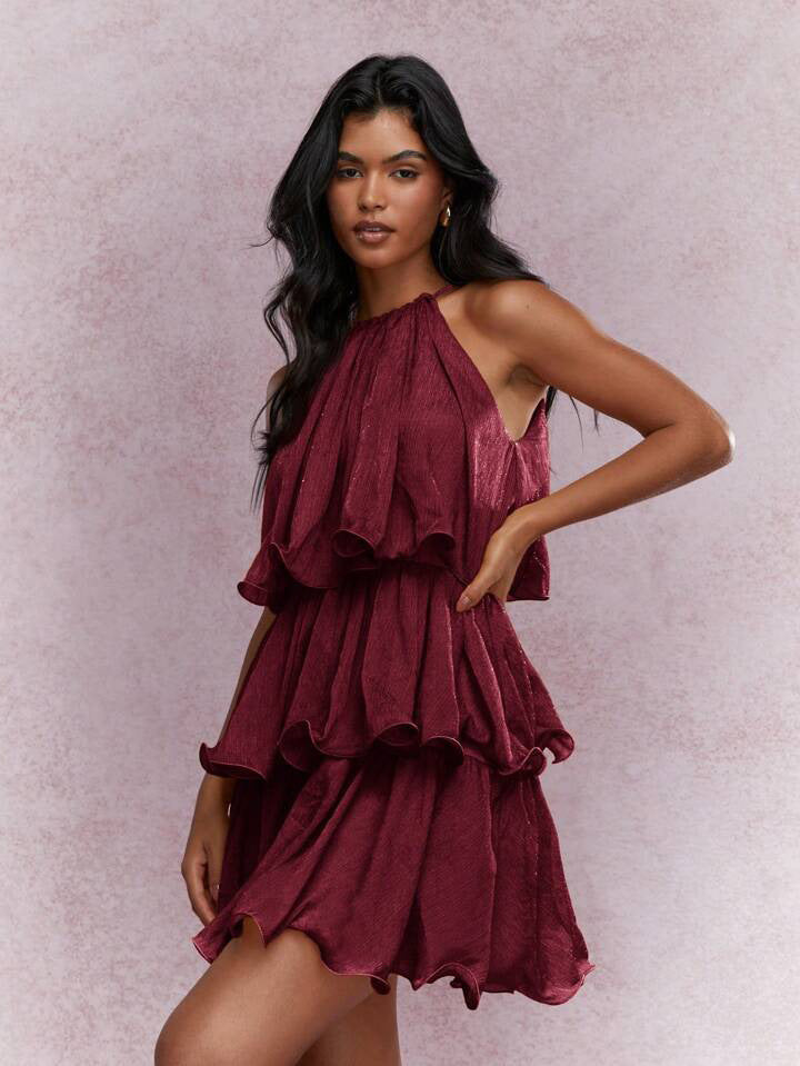 Elegant Halter Neck Sleeveless Strapless Sheer Layered Dress - Ruffled Hem Elegant Women's Summer Party Dress Beach Vacation Outfits