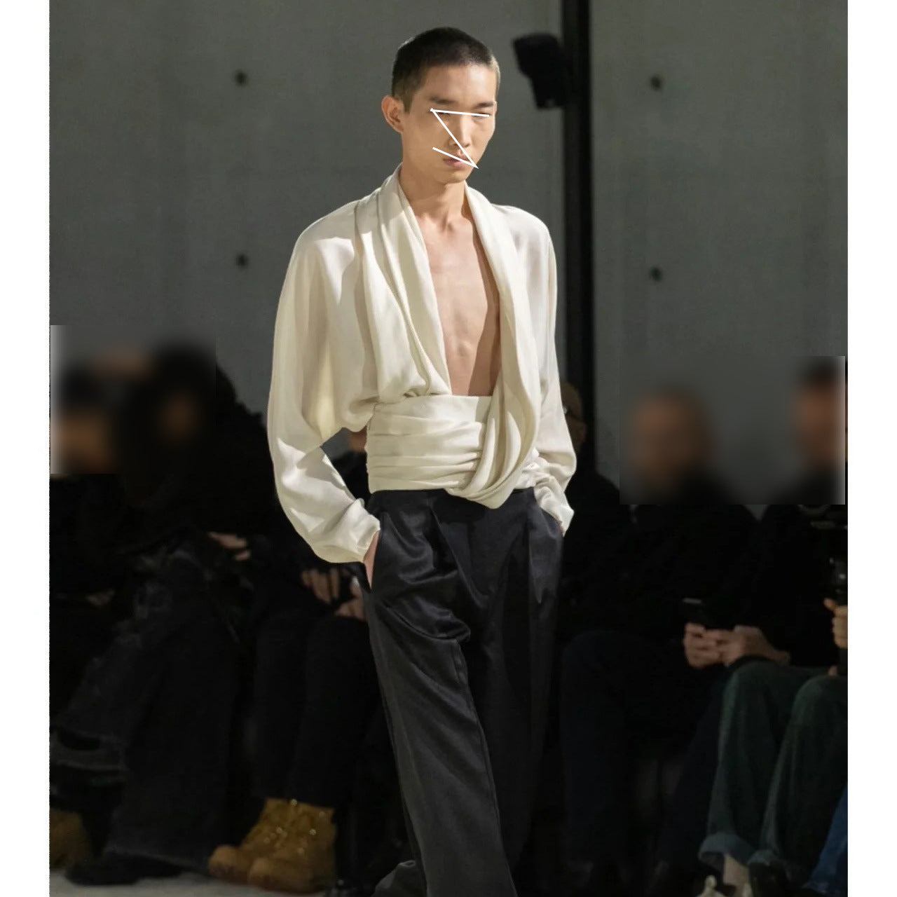 French Drape Low-cut Cinched Pleated Long Sleeve Shirt