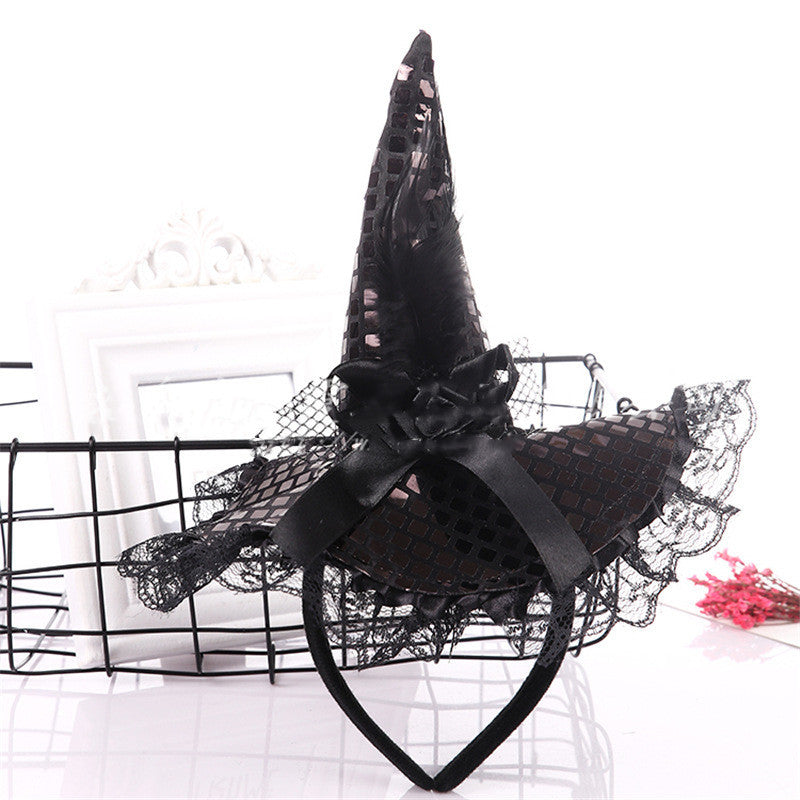 Halloween Decoration Witch Hat Headband, Masquerade Show Lace Sequin Hat Headband