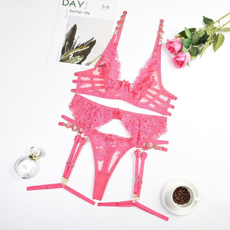 Vintage Jewel Embroidery Bra Sexy Gathering Underwear Set