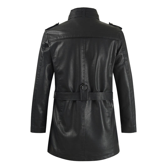 Men's Medium Long Leather Coat Korean Stand Collar Slim Large Leather Windbreaker Coat