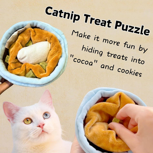 Catnip Toys For Cats Hot Cocoa Cat Treat Puzzle Interactive Cat Chew Toys With Crinkle Sounds For Indoor Kitten Boredom Relief
