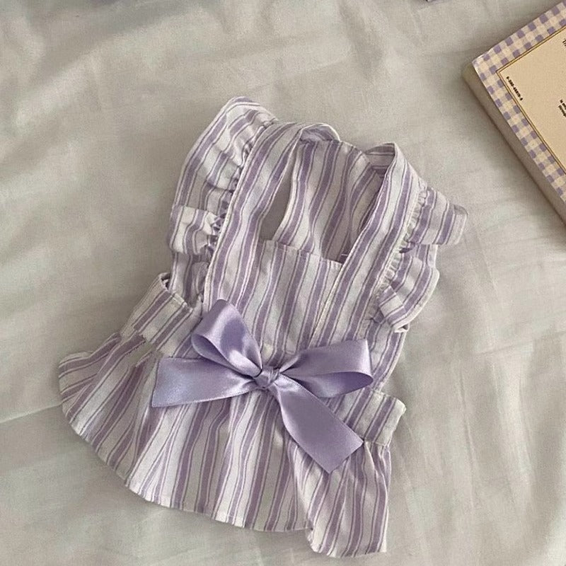 Dog Princess Style Cute Flying Sleeve Striped Dress