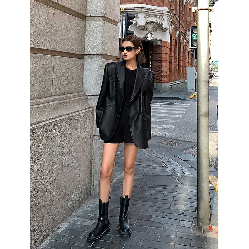 Women's Black Pu Suit Leather Coat