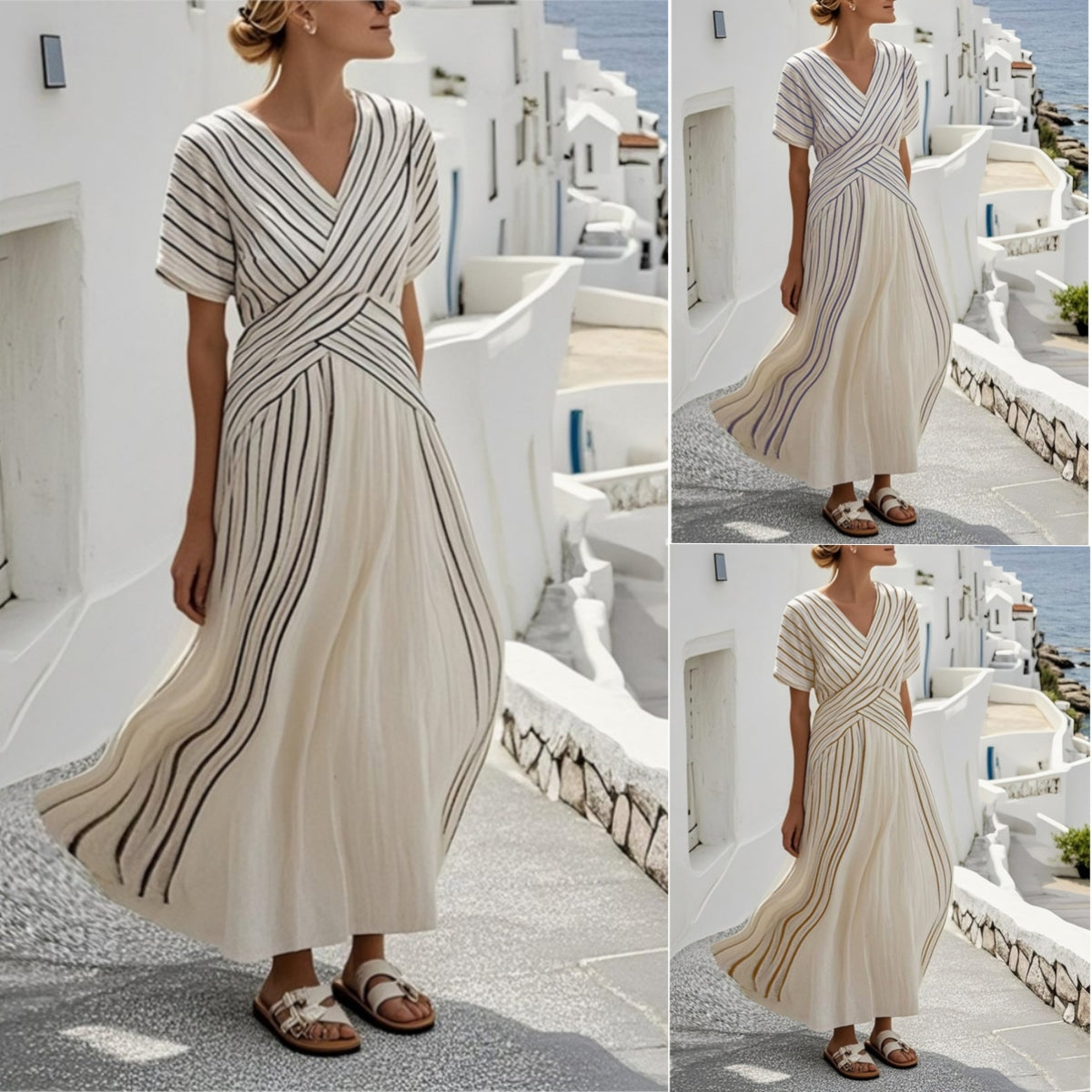 Women's Loose Fit Striped Printing Dress - Casual Cotton Blend Summer Midi Dress For Daily Wear Holiday Outfit