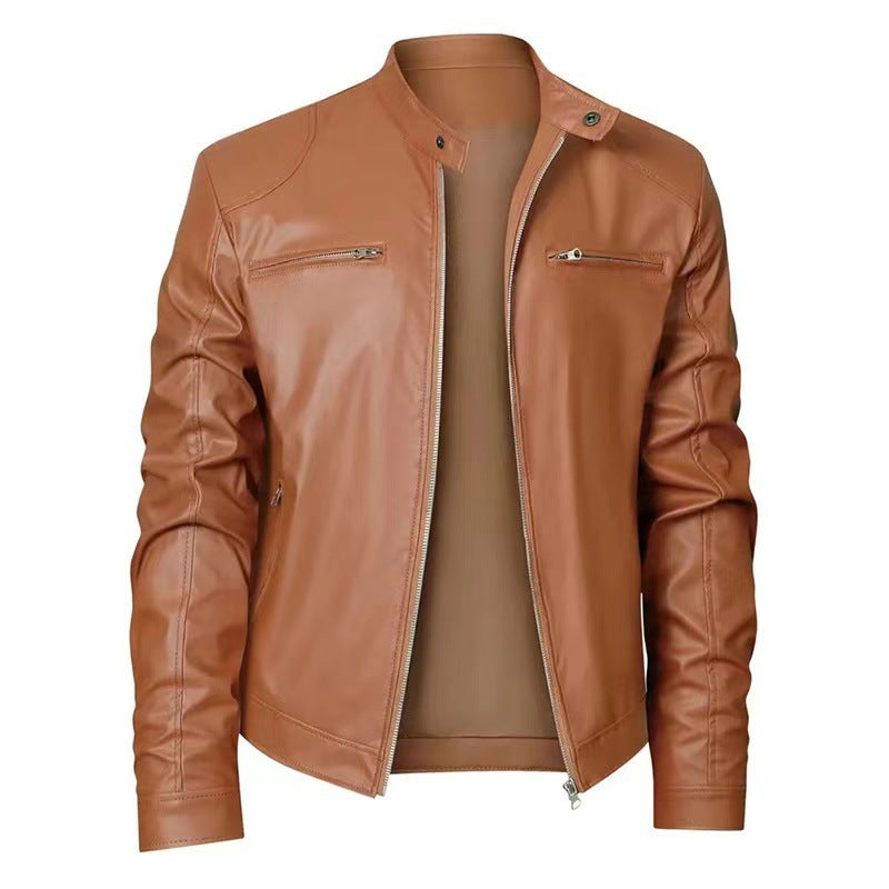 Gentleman's Warm Zipper Cardigan Pocket Decorated Pu Leather Coat