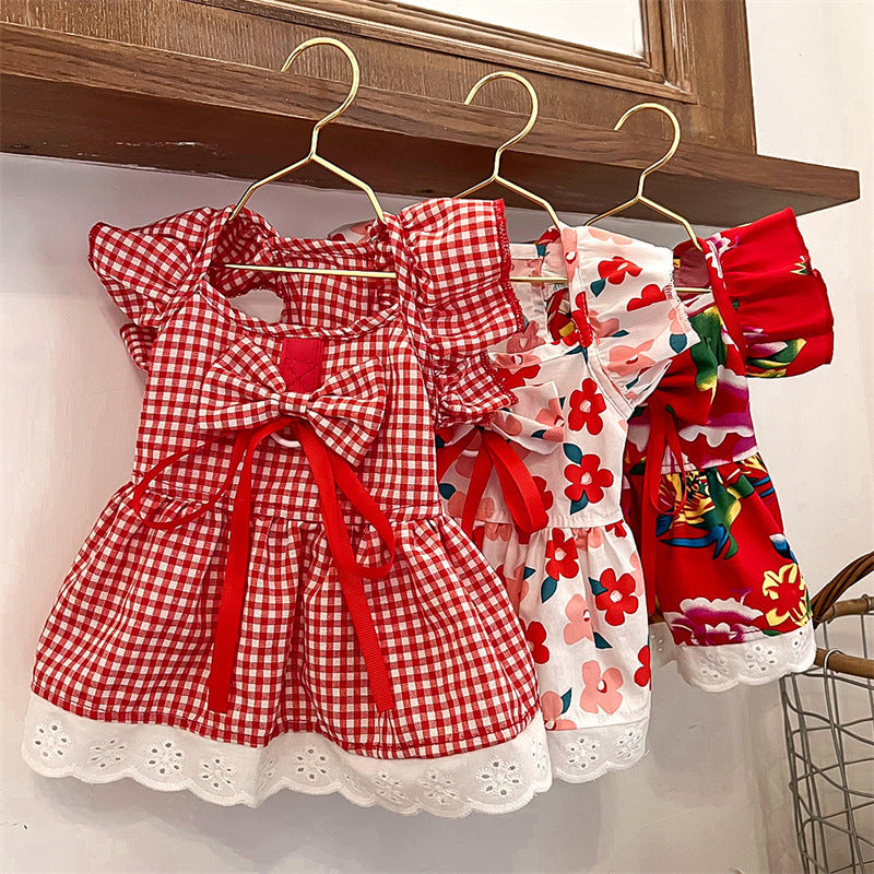 Pet Clothes Flounced Sleeve Three Colors Dress