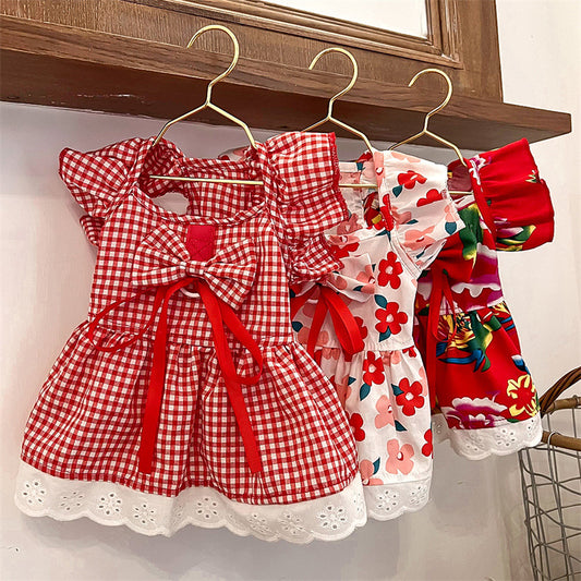 Pet Clothes Flounced Sleeve Three Colors Dress
