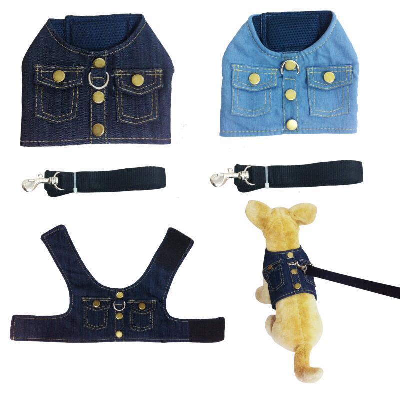 Pet dog's Chest Harness, Denim Jacket, Chest And Back Leash, Go Out And Walk The Dog Supplies