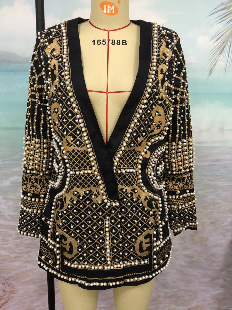 V-neck Long-sleeved Suit Blouse With Bubble Print Women's Clothing