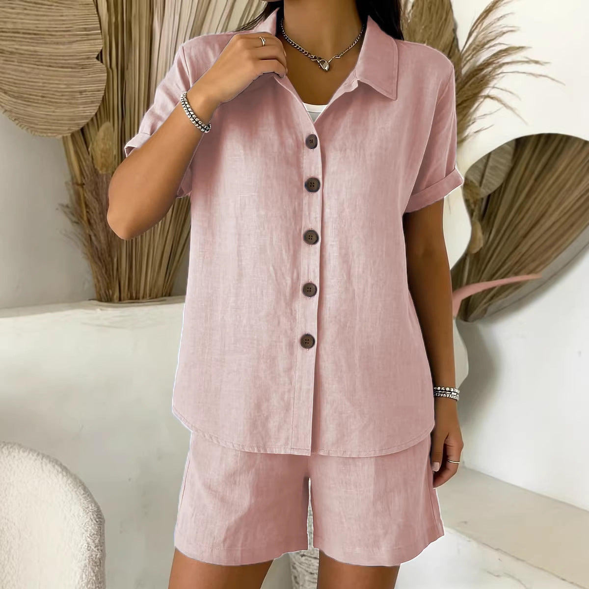 Casual Button-Up Cotton-Linen Womens Short-Sleeve Shirt Set