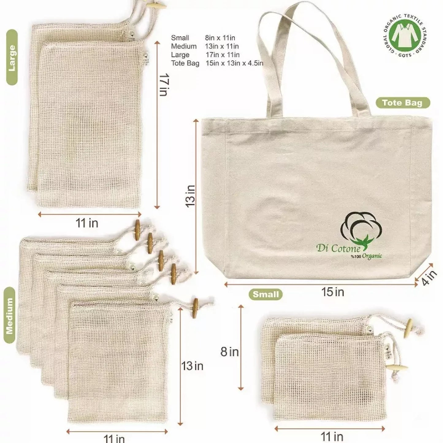 Reusable Organic Cotton Tote Mesh Bag with 6 Internal Sleeves and Logo