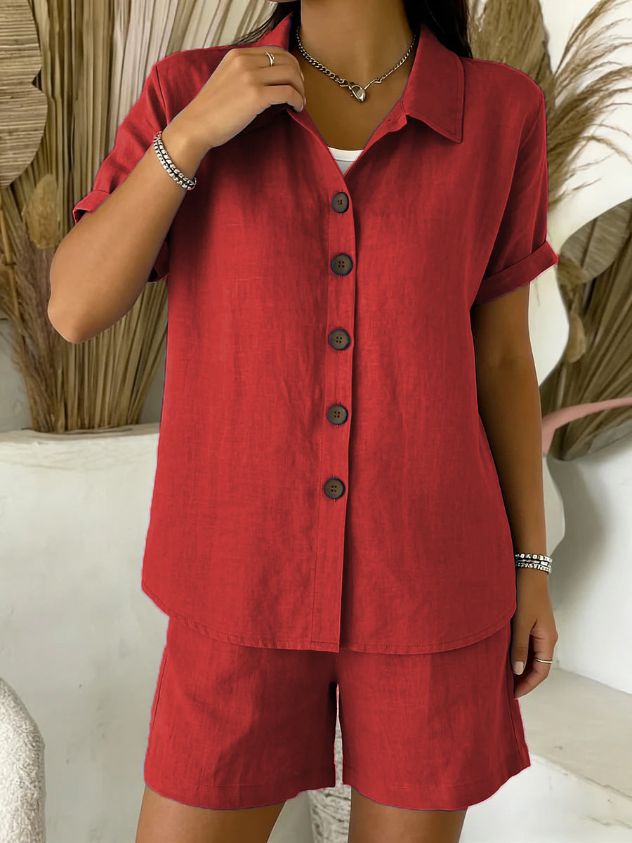 Casual Button-Up Cotton-Linen Womens Short-Sleeve Shirt Set