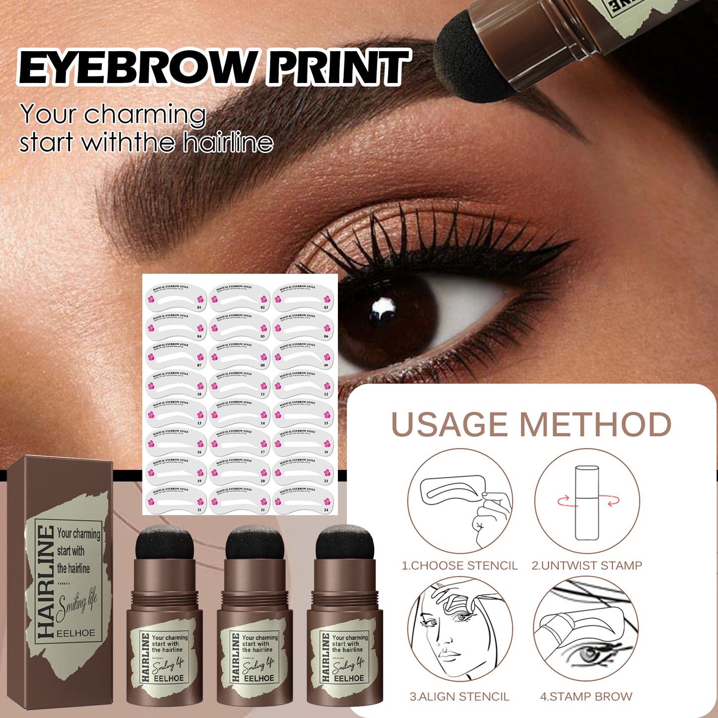 EELHOE Hairline Eyebrow Marks (Grayish Black With Eyebrow Card) Eyebrow Cake For Hairline Eyebrow Marks, Natural And Lazy Eyebrows, Quick Makeup For Eyebrow Marks