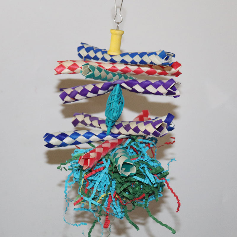 Colorful Shredded Paper And Rattan Weaving Wooden Gnawing Bird Cage Decoration