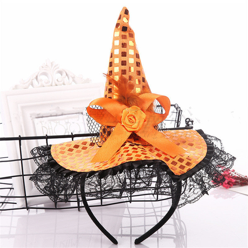 Halloween Decoration Witch Hat Headband, Masquerade Show Lace Sequin Hat Headband