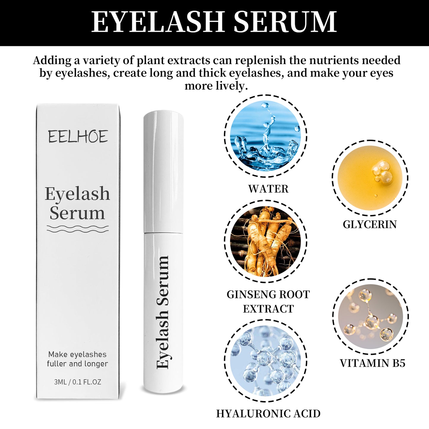 EELHOE Eyelash Serum, Natural Beauty Curl Black Thick Slender Long Gentle Not Easily Stained Mascara