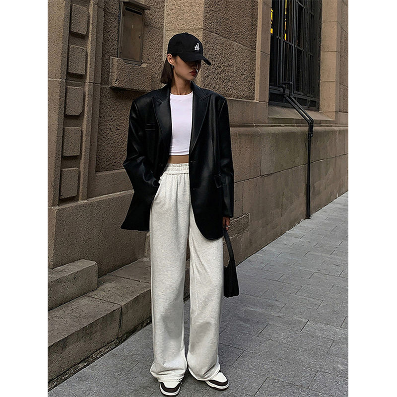 Women's Black Pu Suit Leather Coat