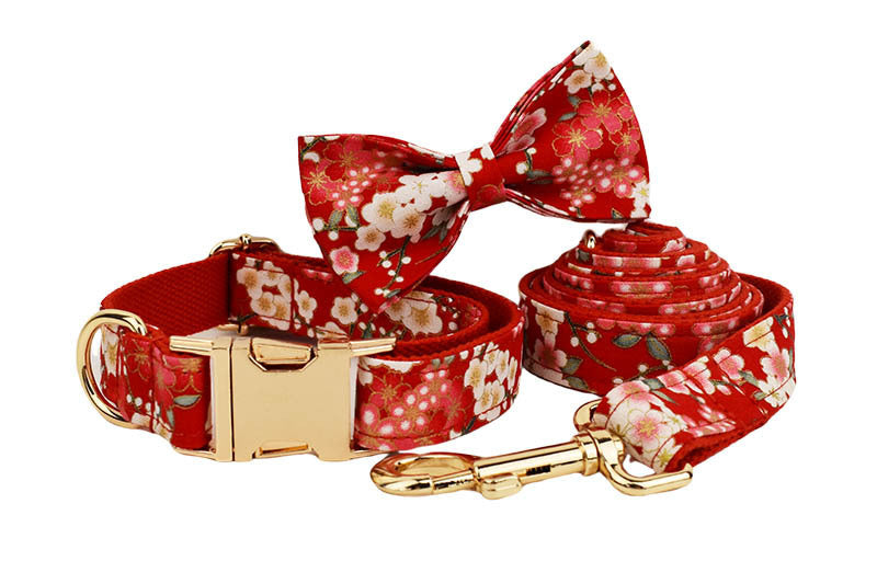Japanese Floral Dog Collar Alloy Buckle Hand Holding Rope Pet Collar