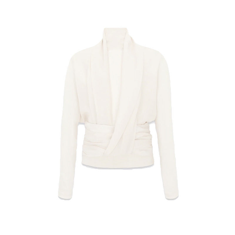 French Drape Low-cut Cinched Pleated Long Sleeve Shirt