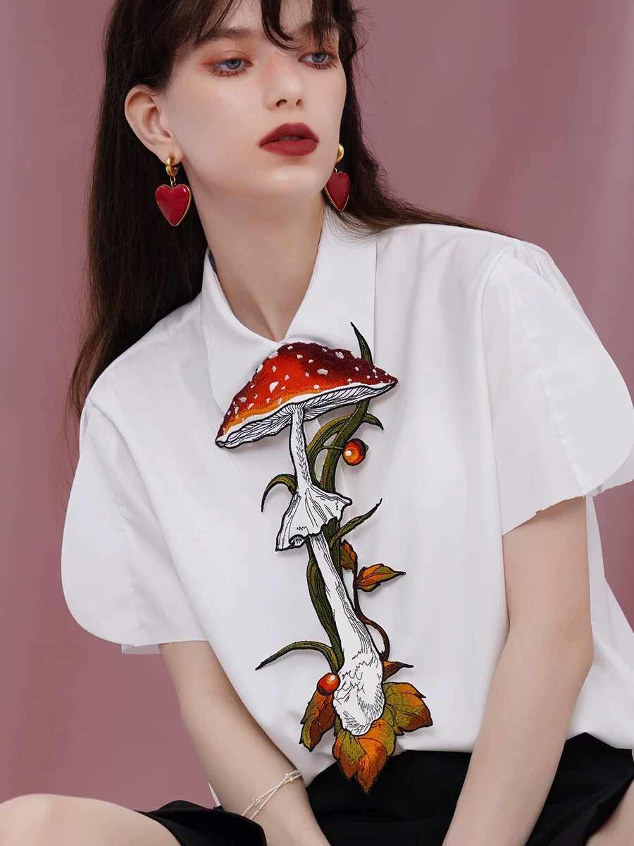 Knotless Machine Embroidery Vintage Mushroom Berry Tie For Women