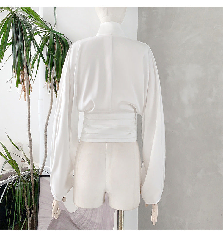 French Drape Low-cut Cinched Pleated Long Sleeve Shirt