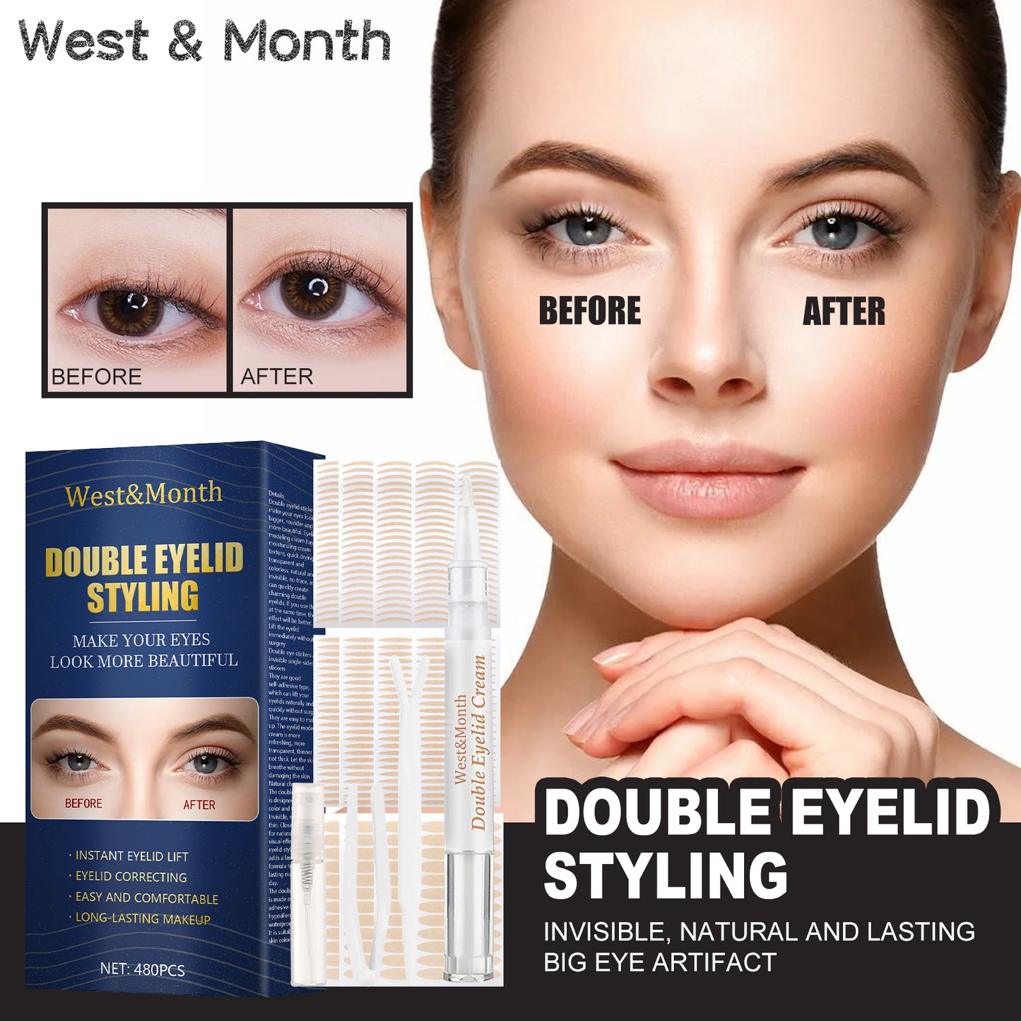 West&Month Double Eyelid Styling, Invisible Glue-free Natural Mesh Is Sticky When It Meets Water Lace Olive Type