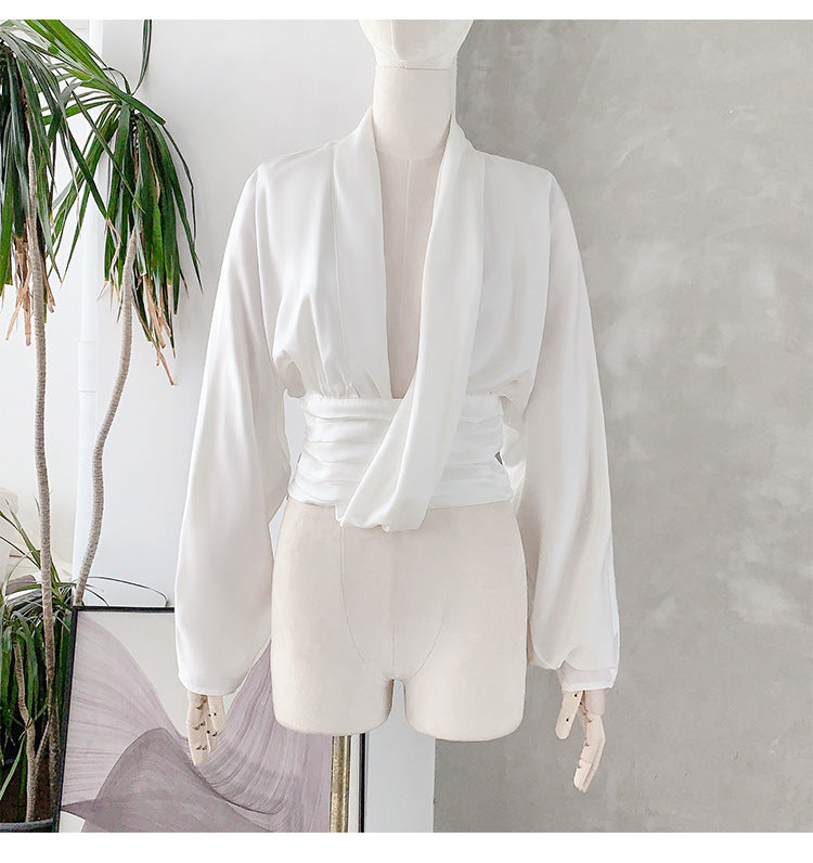 French Drape Low-cut Cinched Pleated Long Sleeve Shirt