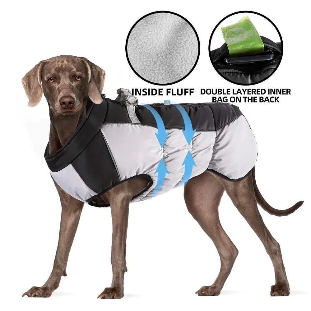 Pet Big Dog Jacket With Harness Winter Warm Dog Clothing Labrador Waterproof Big Dog Coat Chihuahua French Costume