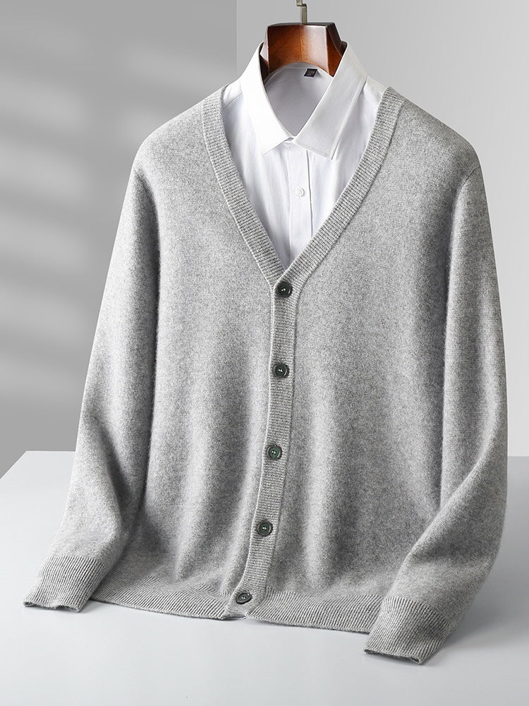 Pure Wool Cardigan Men's V-neck Solid Color Long Sleeve