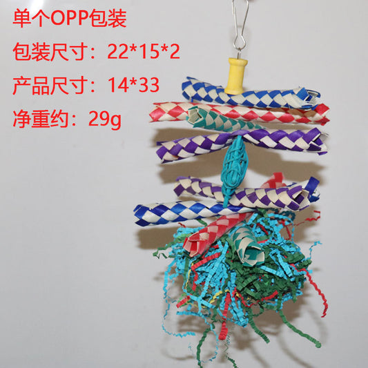 Colorful Shredded Paper And Rattan Weaving Wooden Gnawing Bird Cage Decoration