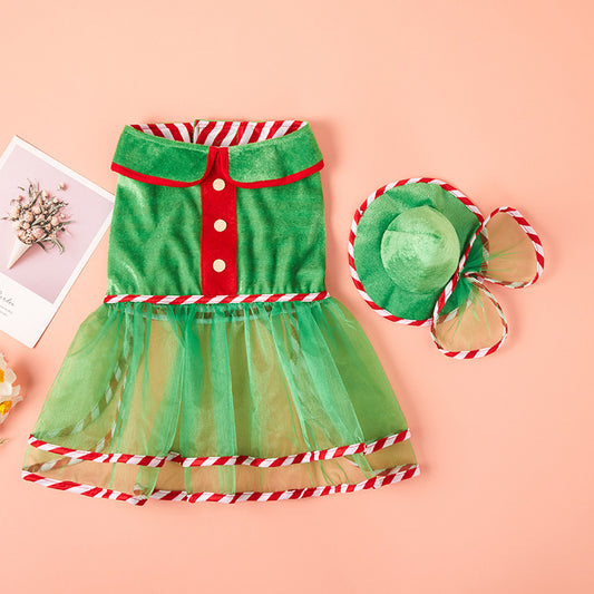 Pet Green Gauze Skirt Hat Suit Cute Dog Holiday Clothing