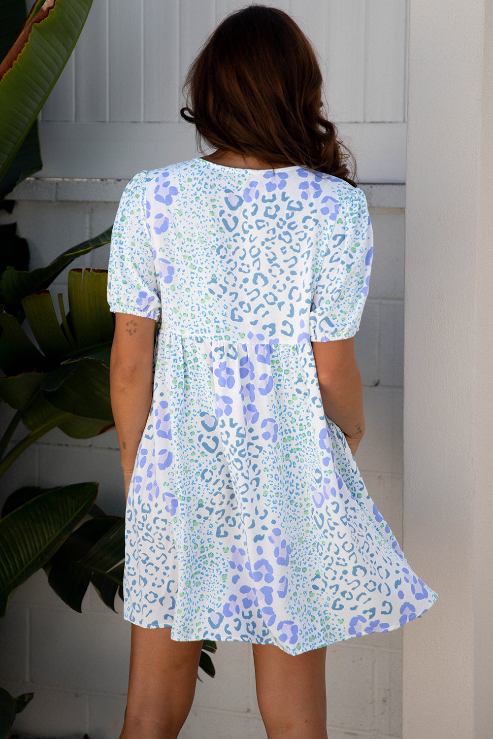 Sky Blue Floral Contrast Bow Puff Sleeve Mini Dress