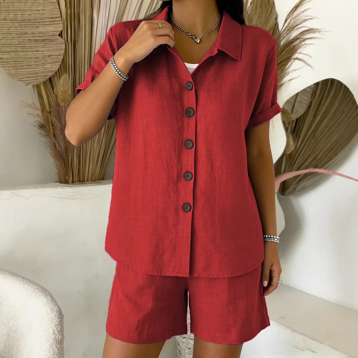 Casual Button-Up Cotton-Linen Womens Short-Sleeve Shirt Set