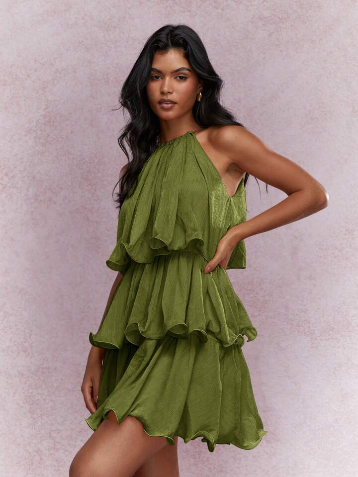 Elegant Halter Neck Sleeveless Strapless Sheer Layered Dress - Ruffled Hem Elegant Women's Summer Party Dress  Beach Vacation Outfits
