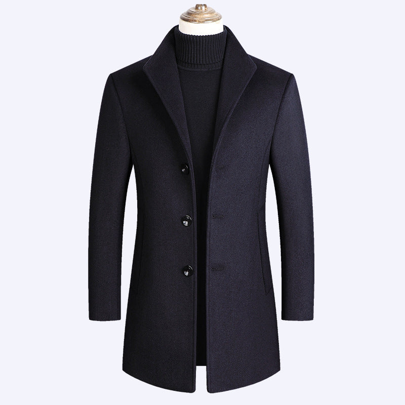 Shun Mao Youth Solid Color Casual Mid-length Woolen Coat